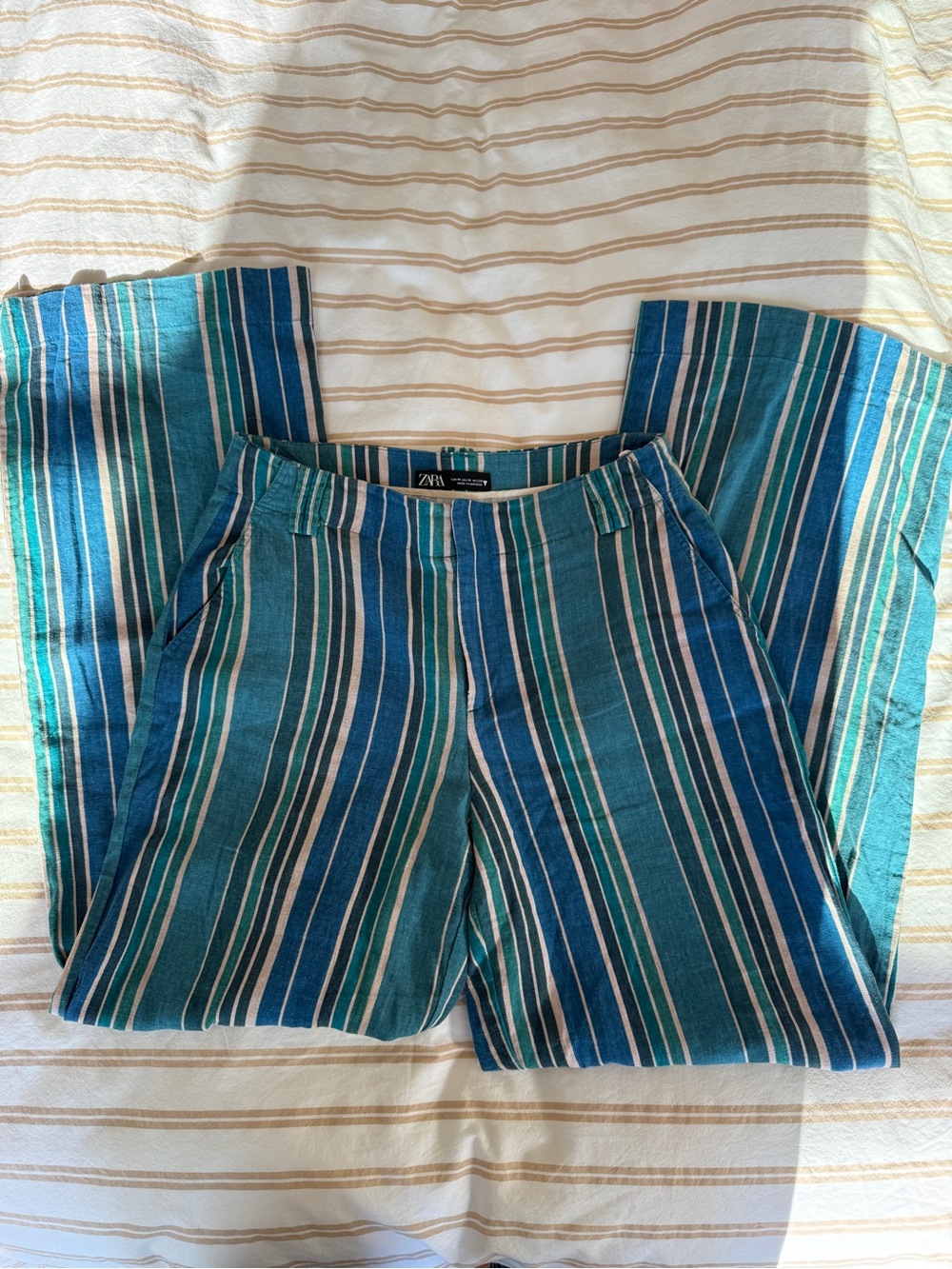 Zara Teal & Blue Striped Wide-Leg Pants